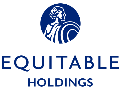 Equitable Holdings logo featuring a blue circular emblem with a stylized profile of a classical figure, above the company name Equitable Holdings in bold blue letters.