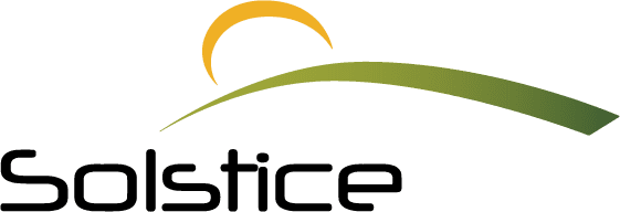 Logo with the word Solstice in black modern font. Above the word is a stylized arc in green with an orange semicircle, suggesting a sun rising or setting over a horizon.